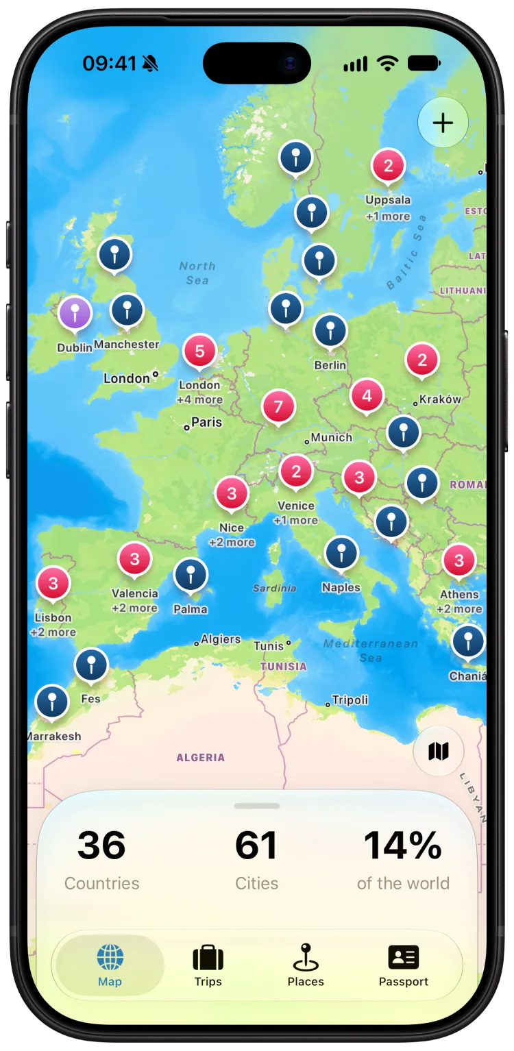 Michi’s real map centered on Europe, with 36 countries, 61 cities and 14% of the world.